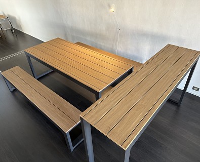 Bastalpe-tafel, bartafel en 2 zitbanken Cubrick afromosia - 35%